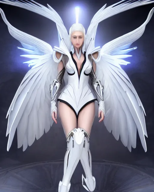 Image similar to perfect white haired attractive egyptian goddess with huge white dove wings, warframe armor, beautiful, symmetric, khaleesi, half asian, pretty face, blue eyes, detailed, scifi platform, laboratory, experiment, 4 k, ultra realistic, epic lighting, android body, illuminated, cinematic, masterpiece, art by akihito tsukushi, voidstar