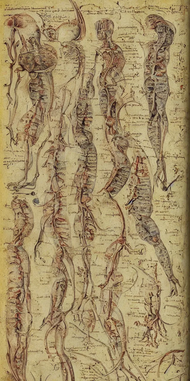 Image similar to an open page of the voynich manuscript, depicting a digital painting of human anatomy by da vinci, paper texture, extremely detailed, professional, hand written notes, epic, full colors