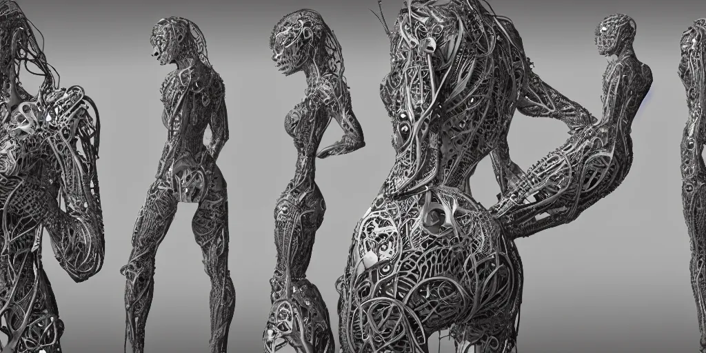 Image similar to group of realistic photography of a female cyborg humanoid, back arched, holding, hugging, grasping, highly detailed intricate filigree, in the style of beth cavener, jin kagetsu, wlop,, symmetry, masterpiece, concept art, ringflash, highkey lighting, ambient lighting, hard key light, octane render, 8 k, artstation