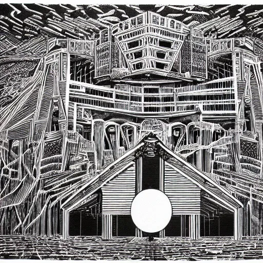 Prompt: a technical drawing of a robotic deity fused with abandoned architecture plans, highly detailed , black and white color scheme, fine lines and graphite, stanley donwood,