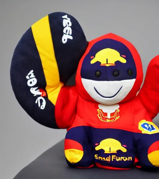 Prompt: fabric stuffed toy of smiling max verstappen