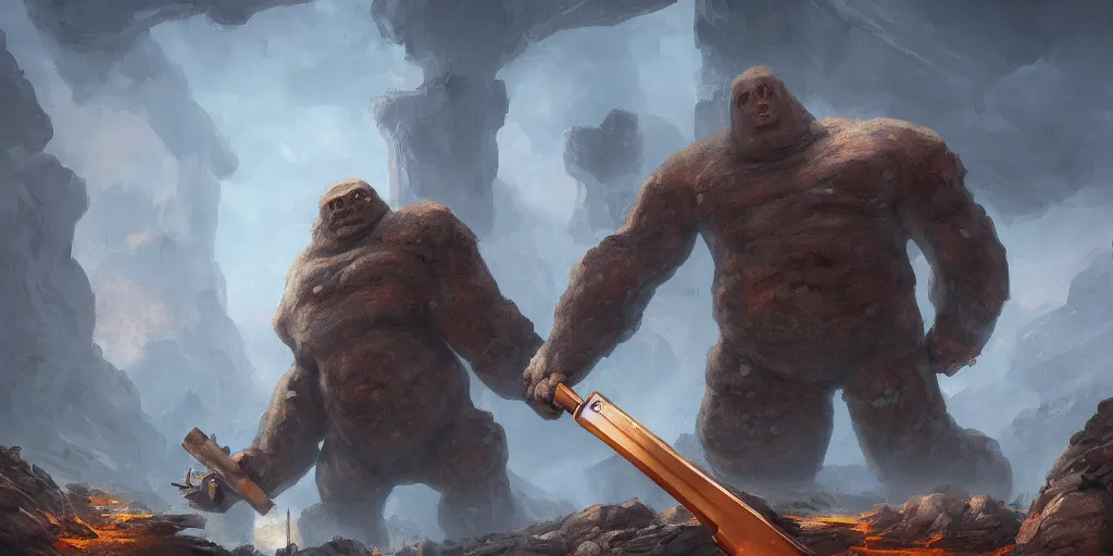 Prompt: a huge golem holding a huge hammer in the middle of a valley, wlop, concept art, digital painting, trending on artstation, highly detailed, epic composition, 8 k uhd