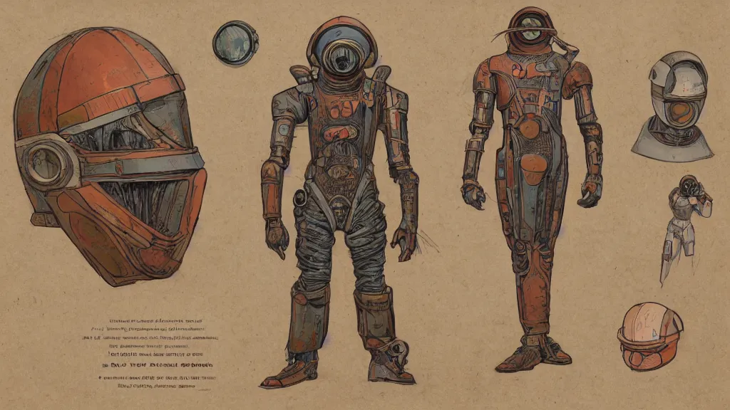 Prompt: aged paper, concept art, colorful character sheet for a male extraterrestrial cyborg warlord wearing victorian diving helmet, retrofuture, fantastic planet, moebius, valerian, coherent, illustration, digital art, trending on artstation, hd, 8 k, good lighting, beautiful, rough paper, masterpiece