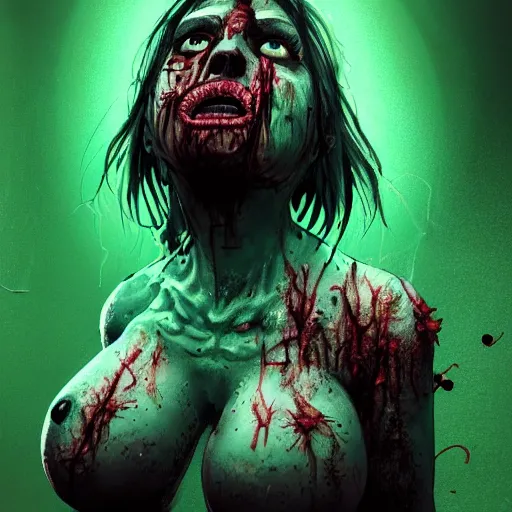 Image similar to angry fat zombie female, full body portrait, neon - green vomit, horror core, apocalyptic, feeling of grimdark, sharp focus, fiction, hyper detailed, digital art, trending in artstation, cinematic lighting, studio quality, smooth render, unreal engine 5 rendered, octane rendered, art style and nixeu and wlop and krenz cushart