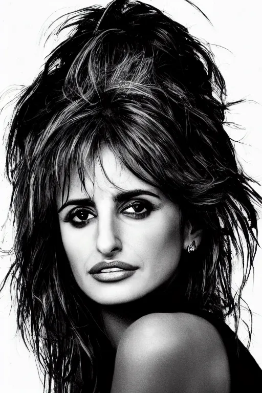 Image similar to photo portrait of penelope cruz, realistic, black and white, in style of phil borges