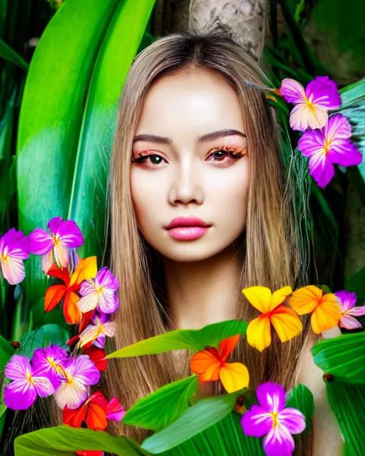 Image similar to an stunning beautiful eastern girl is surrounded by colourful tropical flowers and plants, symmetric face and eyes, upper body face shot, long straight blonde hair, visible face 5 0 mm f 2. 2 by wu daozi