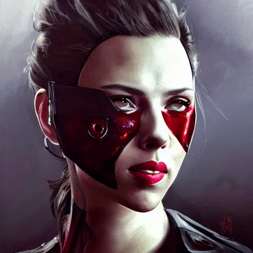 Image similar to painting of scarlett johansson as an evil vampire wearing an eyepatch, epic, tragic, military art, fantasy, dieselpunk, hd shot, digital portrait, beautiful, artstation, comic style, by artgerm, guy denning, jakub rozalski, magali villeneuve and charlie bowater