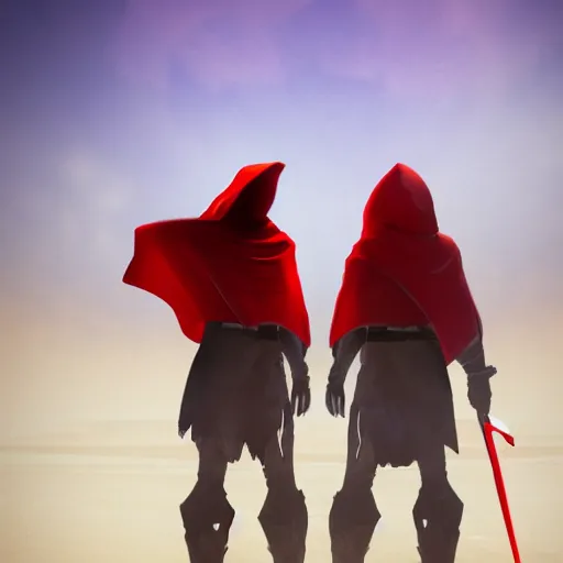 Prompt: view from the back warrior holding two swords, full body worn out torn cape, red hoodie, worn out clothes, floating spiral sand, desert, concept art, volumetric light, full body shot, 8K, trending on artstation