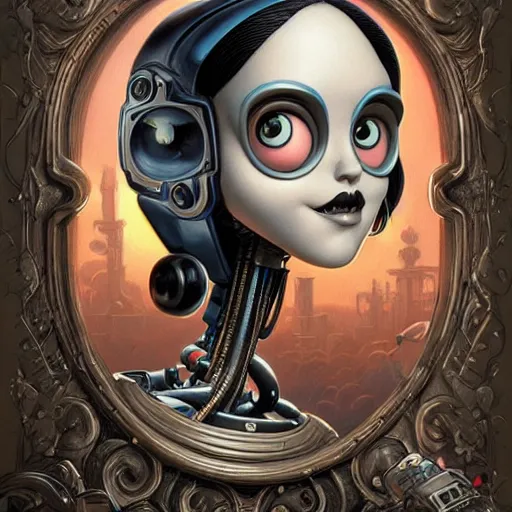 Image similar to Lofi portrait with robot, Pixar style by Joe Fenton and Stanley Artgerm and Tom Bagshaw and Tim Burton
