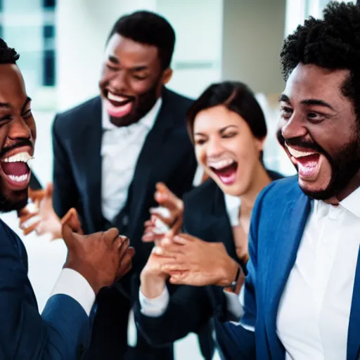 Image similar to stock photo of ten black people laughing wearing suits and ties in an office building, 8k resolution, full HD, cinematic lighting, award winning, anatomically correct