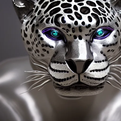 Image similar to portrait photography of a silver jaguar sculpture with glowing purple eyes