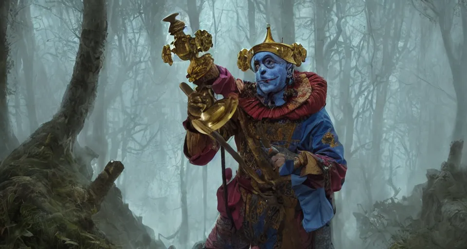 Image similar to robert de niro as medieval jester, crazy colorful clothing with a heavy golden mace in his left hand and a beer jug in his right hand, full body shot and detailled face, symmetrical face, intricate details, wandering through a forbidden forest, trending on artstation, 8k hyperrealistic, style of peter mohrbacher, octane render, unreal engine