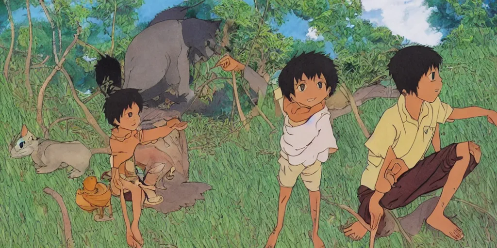 Prompt: , sri lankan kid and cat, drawn by hayao miyazaki