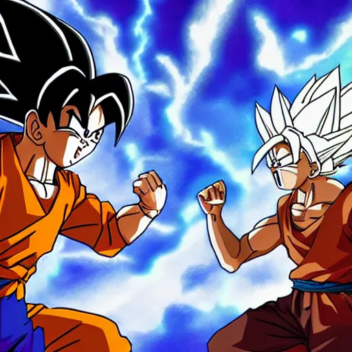 Prompt: Goku and Rick Sanchez going Super Saiyyan as they fight each other near mountain canyons, highly detailed anime art