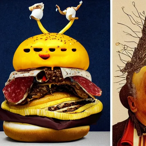 Prompt: a amazing new surrealist hybrid of the pope mixed with an anthropomorphic cheeseburger made of the popes face by giuseppe arcimboldo and kandinskali and catrin welz - stein, melting cheese, steamed buns, grilled artichoke, sliced banana, salami, milk duds, licorice allsort filling