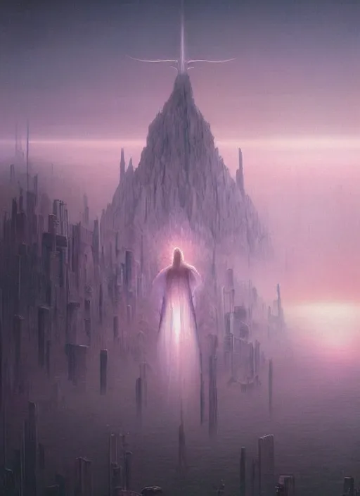 Image similar to giant white glowing angel rising above foggy city by wayne barlowe, wes anderson, roger dean, mikalojus konstantinas ciurlionis and wadim kashin, rich moody colours, 90-s anime, ethereal, lo-fi retro videogame