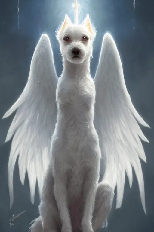 Prompt: a small white dog with angel wings and a halo, highly detailed, d & d, fantasy digital painting, trending on artstation, concept art, sharp focus, illustration, global illumination, ray tracing, realistic shaded, art by artgerm and greg rutkowski and fuji choko and viktoria gavrilenko and hoang lap