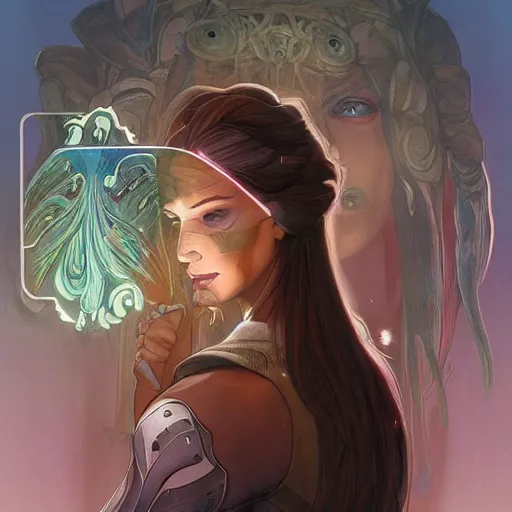 Image similar to cyborg, female, fantasy, bioluminiscence, flowing hair, portrait, highly detailed, digital painting, beautiful eyes, symmetry, concept art, sharp focus, illustration, art by artgerm and greg rutkowski and magali villeneuve and ilya kuvshinov! : : alphonse mucha : : - 0. 2