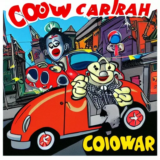 Prompt: clown car crash, album cover