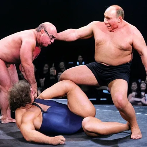 Prompt: Oiled up Danny Devito wrestling Putin