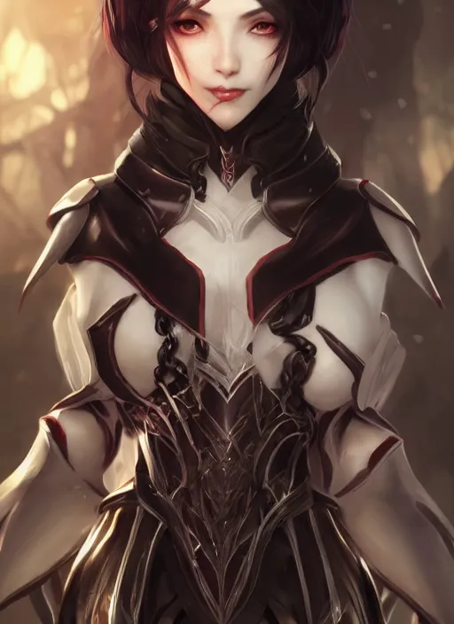 Image similar to full plate armor!!! beautiful and elegant dark hair female vampire!! gorgeous ayes!! character concept art, sharp focus, octane render! unreal engine 5! highly rendered!! trending on artstation!! detailed linework!! illustration by artgerm, wlop, and chie yoshii