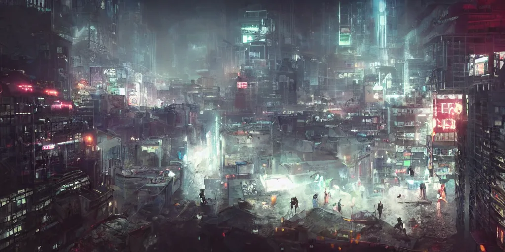 Image similar to cinematic shots of teenagers with tech clothing and hoods and tactical masks doing risky parkour on the rooftops of a dystopian city, neon lights, sci - fi, night lights, rain and haze, concept art, intricate, in the style of katsuhiro otomo, akira, unreal engine