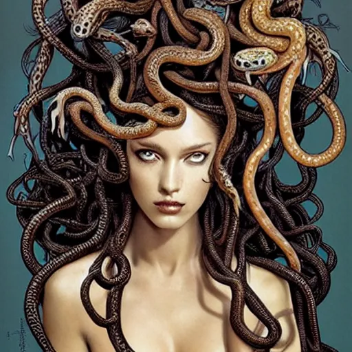 Prompt: head and shoulders vogue fashion photo of medusa with different species of snakes for her hair, d & d, fantasy, d & d, fantasy, luis royo, magali villeneuve, donato giancola, wlop, krenz cushart