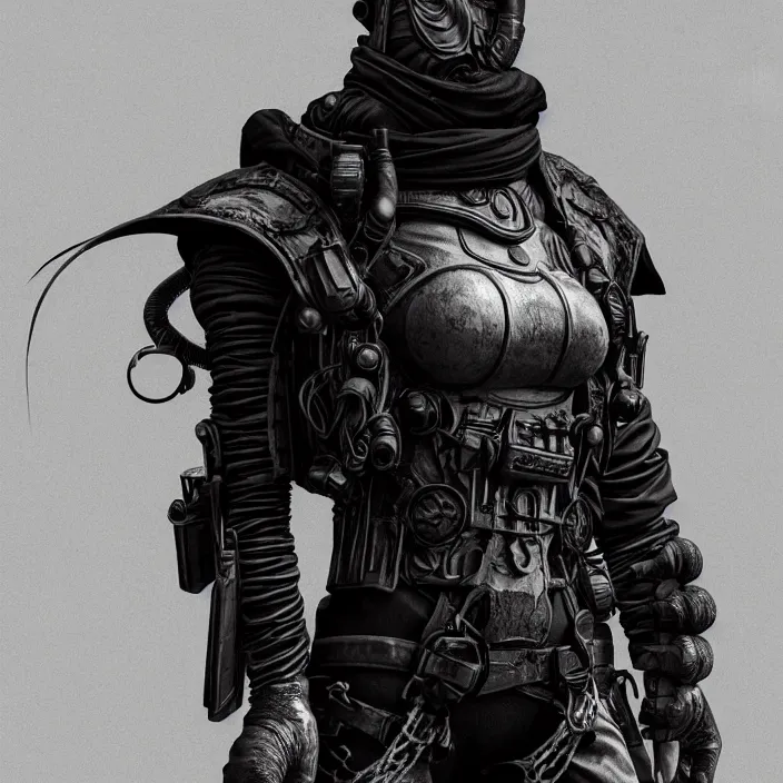 Image similar to a vertical portrait of a character in a scenic environment by nihei tsutomu, black and white, dreamy, steampunk bioarmor, highly detailed, 3 d render, vray, octane, realistic lighting