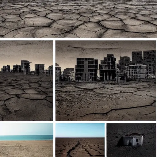 Image similar to apocalyptic beachside city, dried up oceans, desert everywhere, buildings covered in black tar