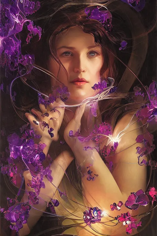 Image similar to she dreams of arcs of purple flame intertwined with glowing sparks, glinting particles of ice, dramatic lighting, steampunk, secret holographic cyphers, red flowers, bright neon solar flares, high contrast, smooth, sharp focus, art nouveau, painting by Caravaggio and ruan jia and Daytoner and Alphonse Mucha