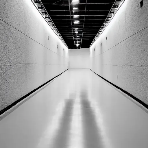 Image similar to underground prison, white walls, shiny floors, minimalist, stunning, light and shadows, catwalks