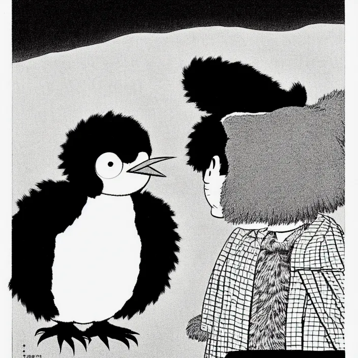 Prompt: a still frame from comic strip, black fluffy hairy bird 1 9 5 0, hasui kawase, new yorker illustration, monochrome bw, lineart, manga, tadanori yokoo, simplified,