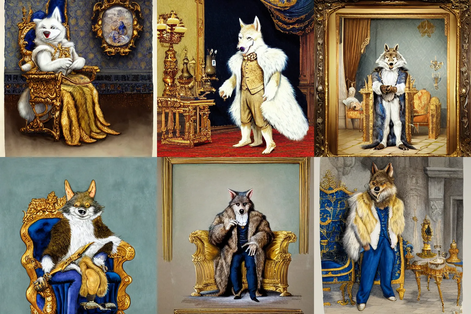 Prompt: hyper realistic painting of a werewolf with gold and white fur, anthropomorphic royalty standing in a throne room, non human, dressed in a 1800s royal outfit, traditional art, very fine detail and texture, royal workshop, in the art style of beatrix potter, Willem Wissing, watercolor, colored pencil, ink, oil, acrylic, early morning lighting