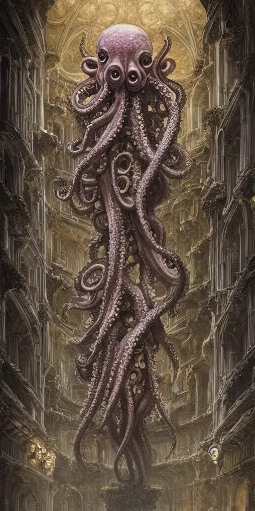 Image similar to group of mankind species mages with enormous translucent octopus heads floating around inside an ancient mage castle hall colossal scale, gothic and baroque, brutalist architecture, ultradetailed, intricate details by Ellen Jewett and Josan Gonzalez and Giuseppe Arcimboldo