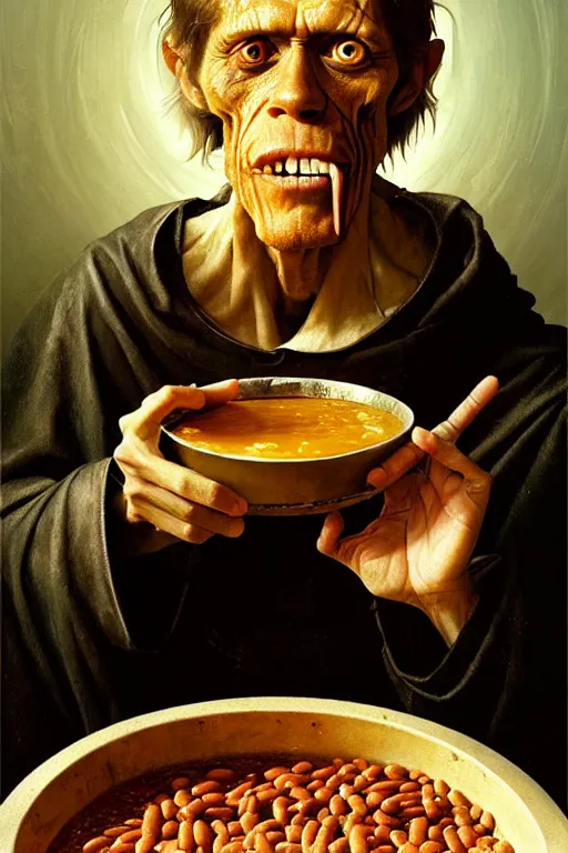 Prompt: hieronymus bosch, greg rutkowski, anna podedworna, painting of willem dafoe eating baked beans and eggs