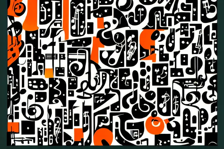 Image similar to abstract art poster of jazz musicians and musical notes in the style of Stuart Davis, matte illustration, texture,