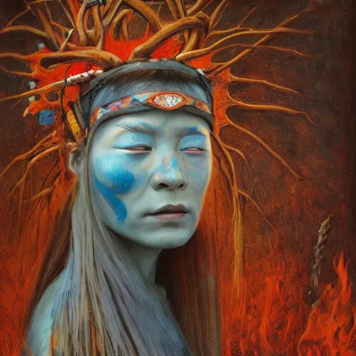 Image similar to A young blindfolded shaman woman with a decorated headband from which blood flows, in the style of heilung, blue hair and wood on her head. The background is a forest on fire, made by Esao Andrews and Karol Bak and Zdzislaw Beksinski,