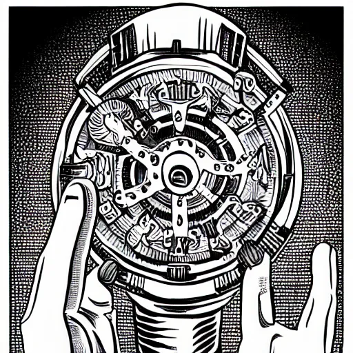 Image similar to streampunk clockwork hand, black and white line art