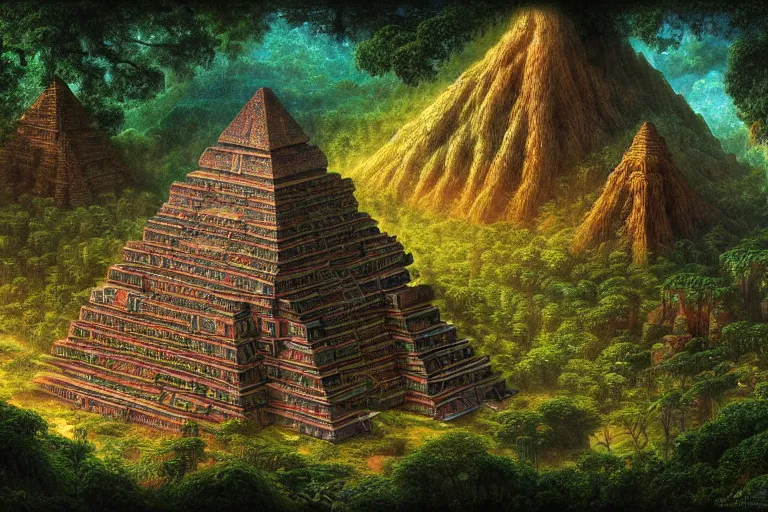 Prompt: a beautiful and highly detailed digital painting of an alien temple pyramid in a lush valley on an alien planet, psychedelic patterns, intricate details, epic scale, 8 k, sharp focus, photorealism, artstation, cgsociety, by caspar friedrich, albert bierstadt, james gurney, alex grey, brian froud,