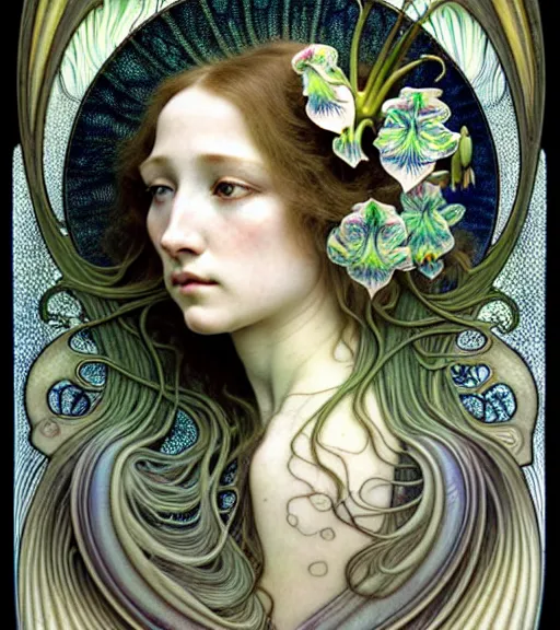 Prompt: beautiful young orchid fairy detailed realistic porcelain face portrait by jean delville, alphonse mucha, iris van herpen and marco mazzoni, art forms of nature by ernst haeckel, art nouveau, symbolist, visionary, gothic, neo - gothic, pre - raphaelite, fractal lace, intricate alien botanical biodiversity, surreality, hyperdetailed ultrasharp octane render