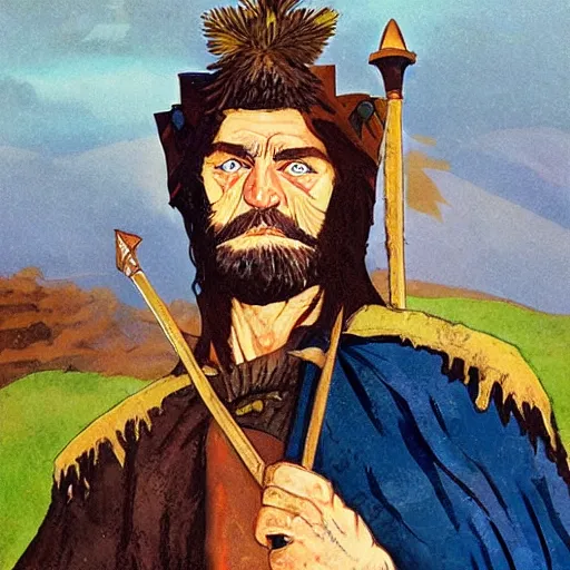 Prompt: full face portrait of fantasy Celtic chieftain and Magus 'Eoghaill na Murnach' or 'Eoghaill of the Murine Horde'. Gouache art, historical illustration, in the style of Angus McBride.