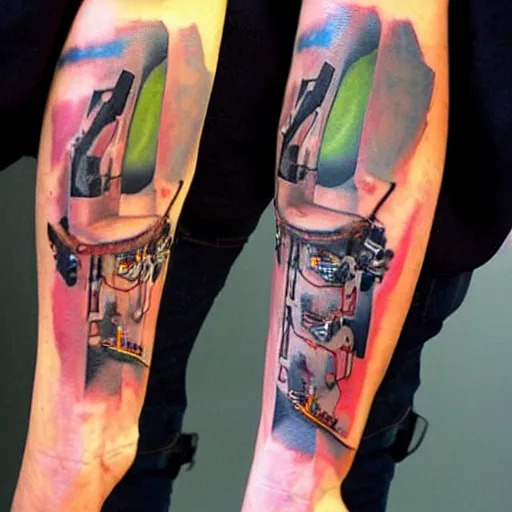 Image similar to 3 d arm tattoo of a 3 d hole in the skin with multicolored robotic mechanics and cables inside under the skin, insanely integrate,