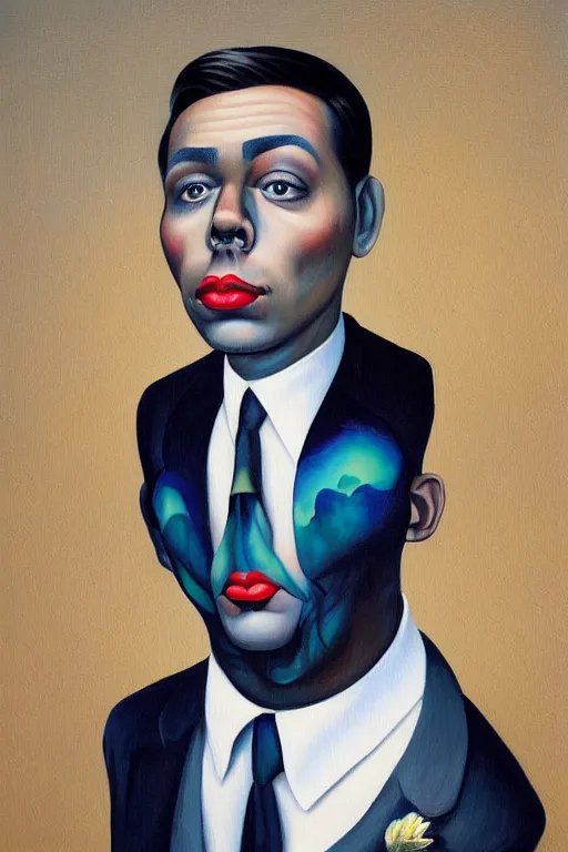 Prompt: a painting of a man wearing a suit and tie, a character portrait by Vladimir Tretchikoff, trending on Artstation, cloisonnism, digital painting, digital illustration, vaporwave