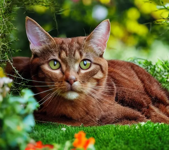 Prompt: photo - realistic picture of a brown cat in a garden.