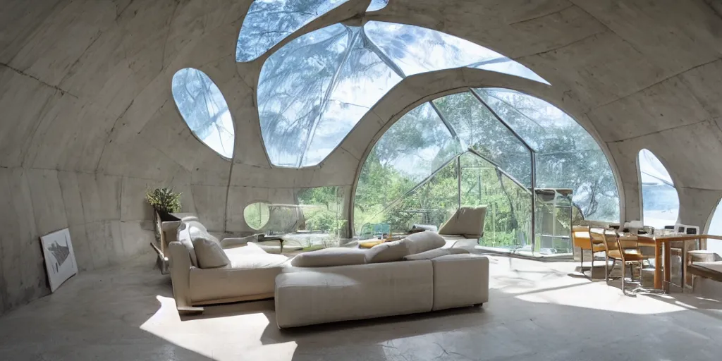 Prompt: interior of a home that is an undersea concrete dome with windows