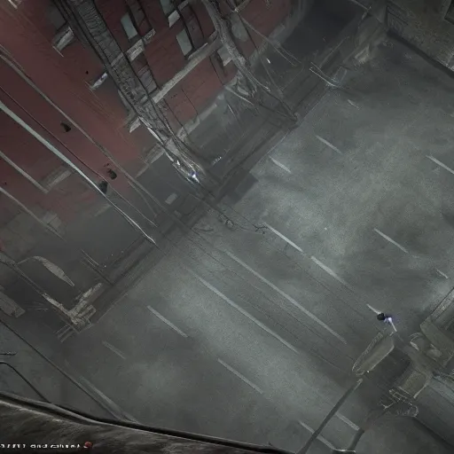 Prompt: playstation 5 screenshot of silent hill, overhead view, 4 k