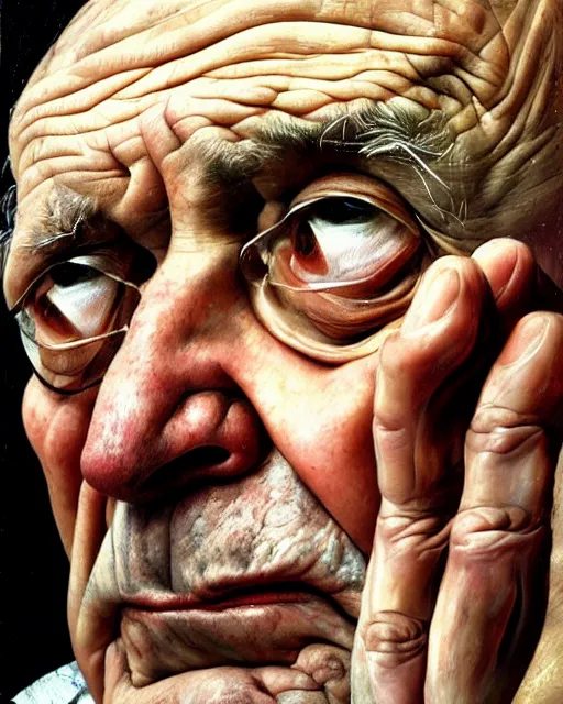 Image similar to an extreme close up portrait a very ordinary old man with an sad expression, side angle, head and shoulders shot, by Lucian Freud and Jenny Saville, oil painting, anatomically correct, beautiful perfect face, visible brushstrokes, sharp focus, Highly Detailed, Cinematic Lighting, 8k, HD