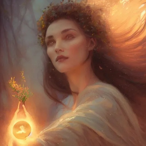 Image similar to A woman holding!!!!! Earth in her palms, enchanting it with a spell, illustrated by Greg Rutkowski and Gaston Bussiere, vividly radiantly beautiful lighting, closeup!!!!!, portrait imagery!!!!!, dazzling dappled lighting, subsurface scattering, light refractions, trending on artstation, 4k, 8k!!!!!