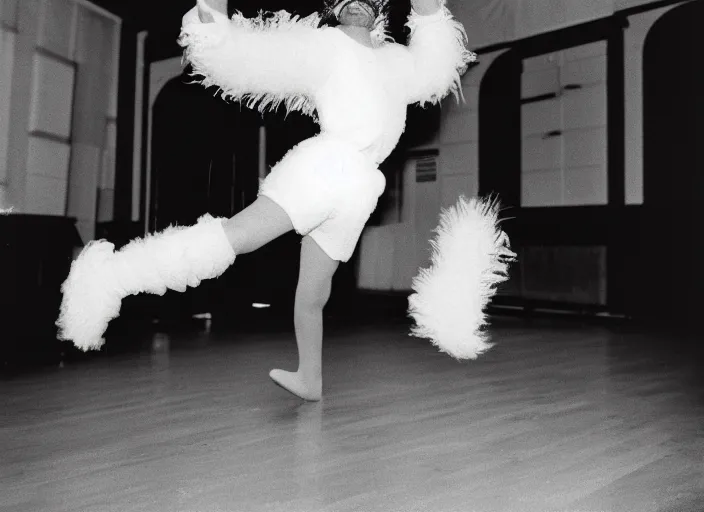 Image similar to realistic photo portrait of the person, white carnival fluffy mask no eyes no mouth, wearing hairy fluffy cotton shorts, dancing in the spacious wooden polished and fancy expensive wooden laboratory hall interior 1 9 9 0, life magazine reportage photo