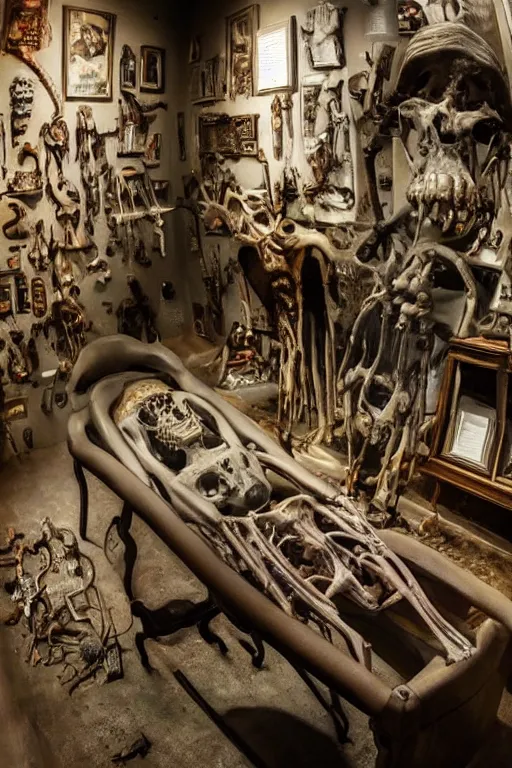 Image similar to inside a museum, a room where anatomical body parts are piece of arts by Rob Bottin, filth and grim, very detailed, ultra realistic photography